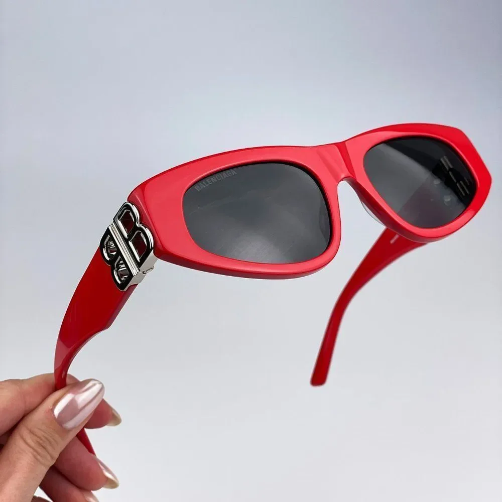 Balenciaga BB0095S 016 Sunglasses Red Silver Logo Grey Cat Eye Unisex